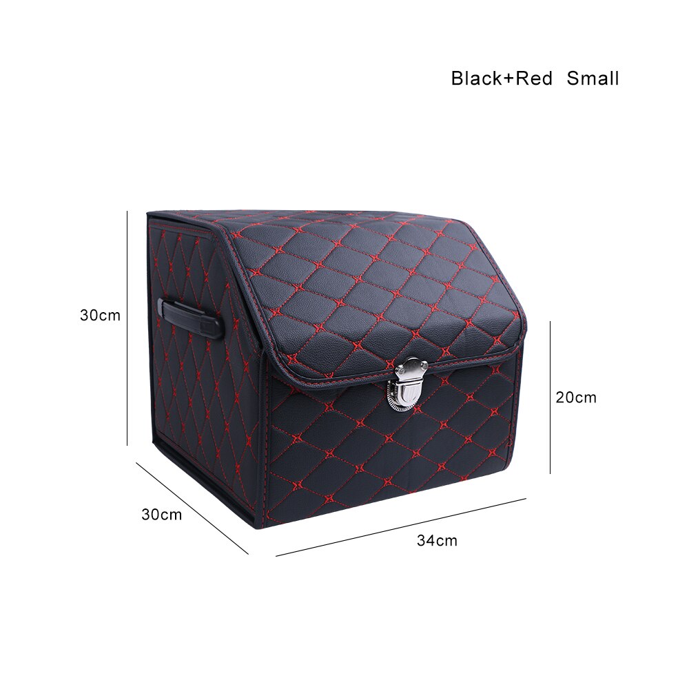 PU Leather Car Trunk Storage Box Top Grade Car Organizer Folding Storage Bag Automobile Stowing Tidying Box For Sedan SUV MPV: black-red-small