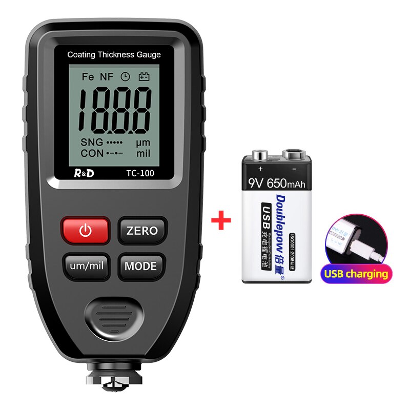 R &amp; D – jauge d'épaisseur de revêtement de peinture automobile blanche, testeur d'épaisseur de Film de peinture automobile, outil de peinture manuel russe FE/NFE, TC100: Black with battery