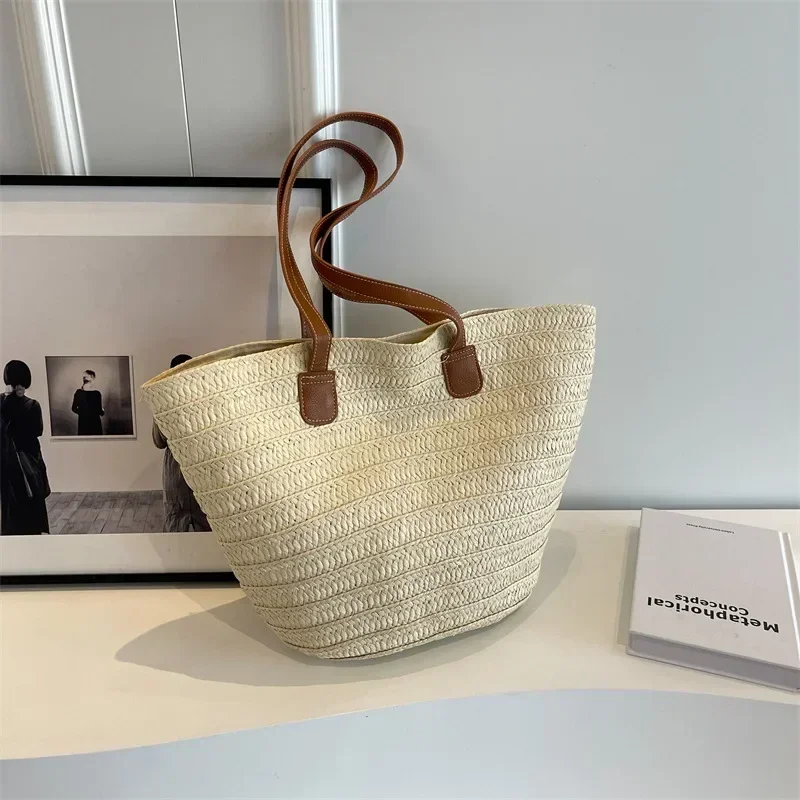 Bolso de mano de cesta trenzada para mujer, bolso de hombro portátil de paja grande, monederos de en la playa, bolso de compras femenino: Beige