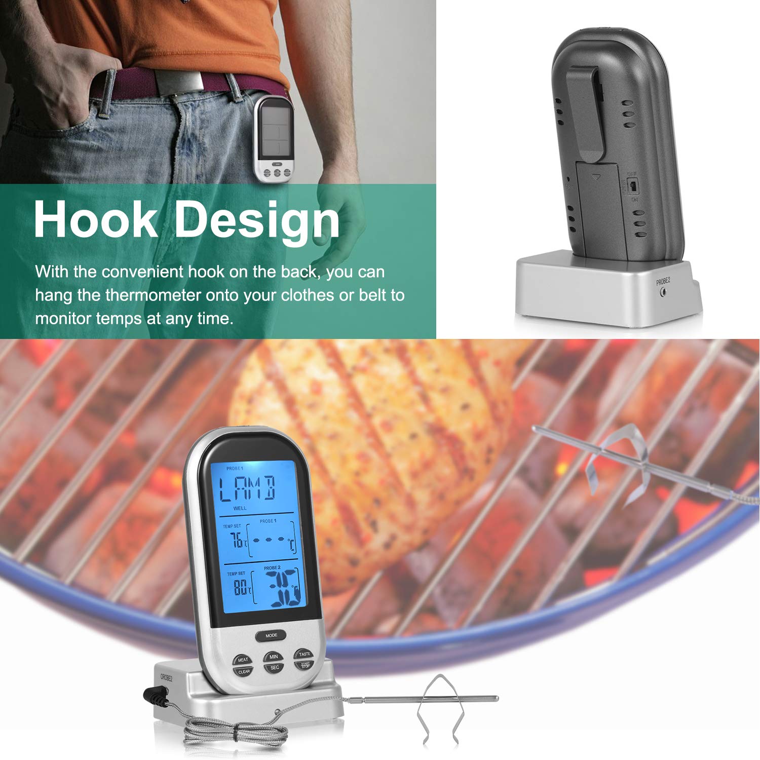 Meat Thermometer, Bbq Thermometer Wireless Meat Thermometer With Dual Probe Can Be Used For Oven Smoker Grill Bbq