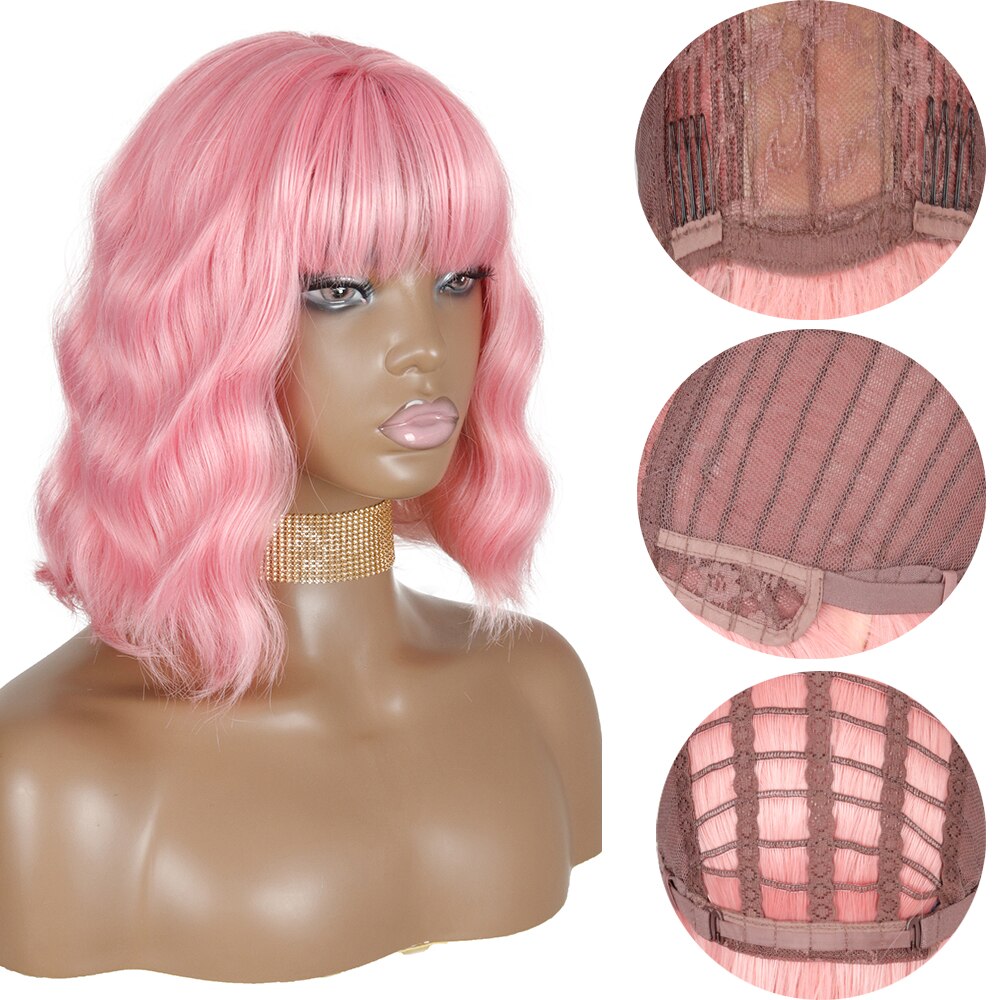 Azqueen Synthetische Korte Water Wave Pruiken Bob Pruik Haar Met Pony Haar Pruiken Voor Vrouwen Cosplay Roze Pruiken Lolita Bob pruik