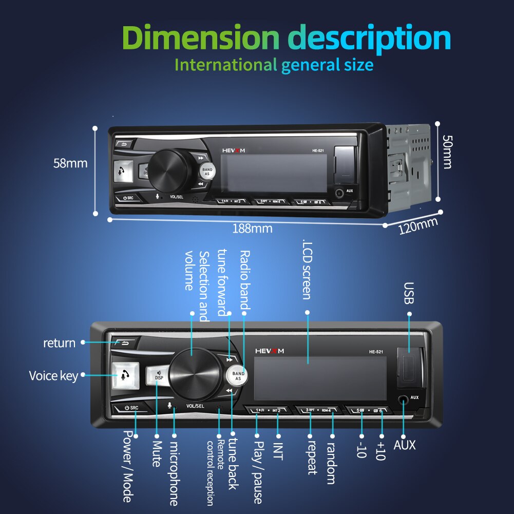 1DIN 12V In-Dash Car Radio Stereo Voice Remote Control Removable Panel Bluetooth Autoradio FM USB AUX-IN MP3 Multimedia Player