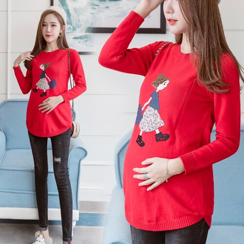 Cartoni animati Natura Stampa Maglie E Maglioni Manica Lunga Maternità Vestiti di Inverno Delle Donne Più Il Formato in Maglia Maglione Autunno Gravidanza Maglione: Rosso / M.