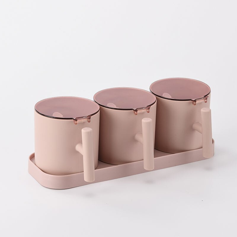 Seasoning Box Kitchen Combined Seasoning Tank Round Plastic Salt Tank Seasoning Box Set Seasoning Box: Pink-3