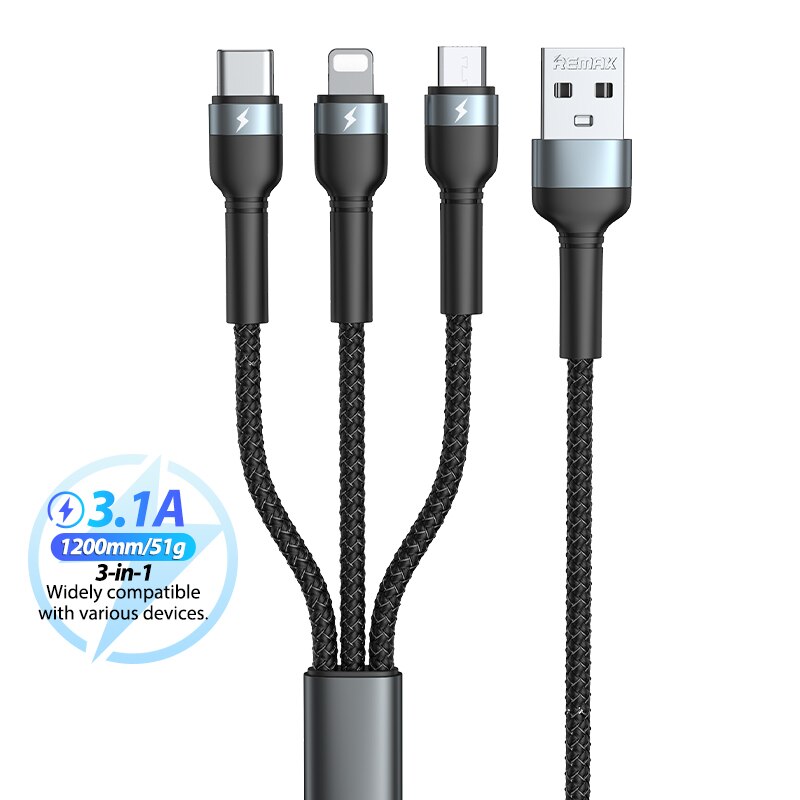 Remax 3 in 1 3a hurtigoplader usb c kabel typec lightning mikro dataoverførsel kabler telefon oplader ledning til iphone xiaomi samsung: Sort
