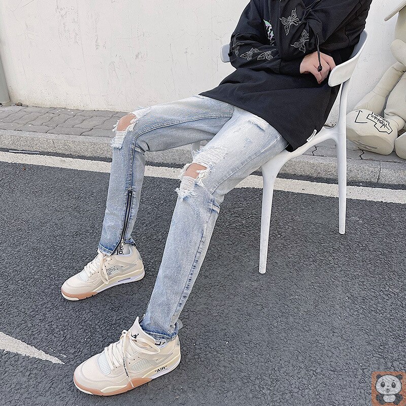 Pantalones vaqueros desgastados para hombre, Jeans rectos desgastados Retro rasgados