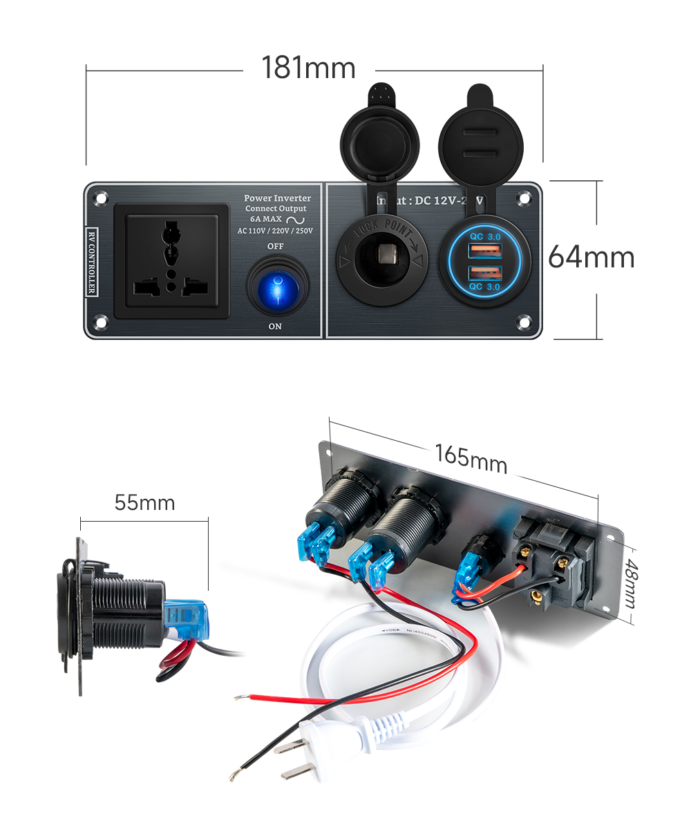 Autoladegerät Multifunktions-Aluminium-Panel-Thermometer AC110V 220V Dual Port USB QC3.0 12V 24V für Wohnmobil-Yacht-Reiseanhänger