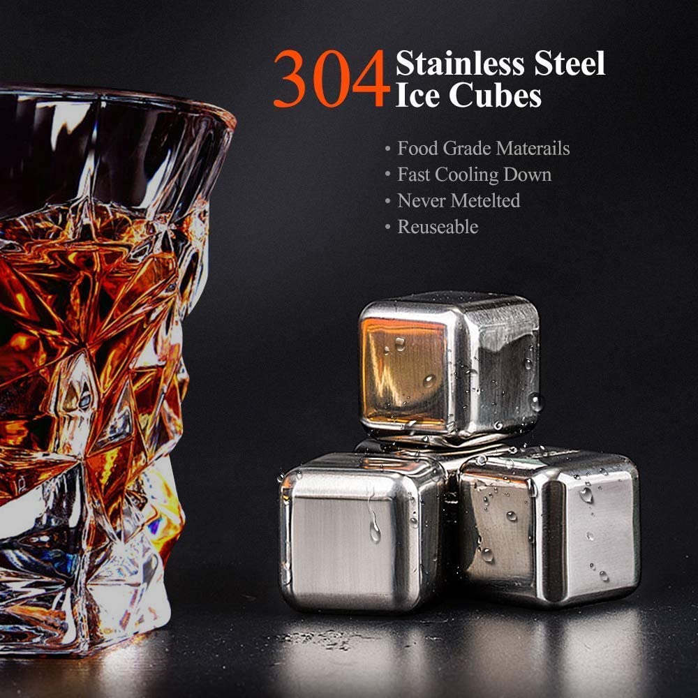 Kamienie whisky 304 stal nierdzewna wielokrotnego użytku chłodzenie metalowe kostki lodu z klipsem i zestaw pudełek do przechowywania Whiskey wino piwo napoje