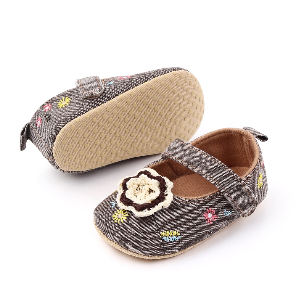 Baby Girls Woolen flowers Shoes Spring Toddler Embroidered Princess Shoes Bow Soft Sole Newborn Baby First Walkers: Khaki / 2