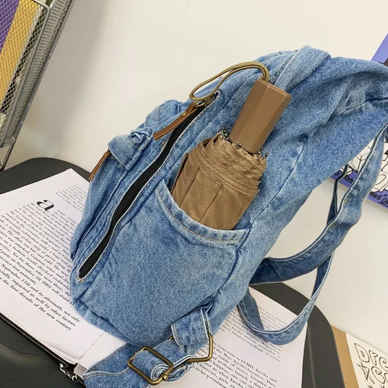 Vasket denim rygsække til kvinder nyeste trend skoletaske til studerende multi-lommer stor kapacitet blå rygsæk mochila