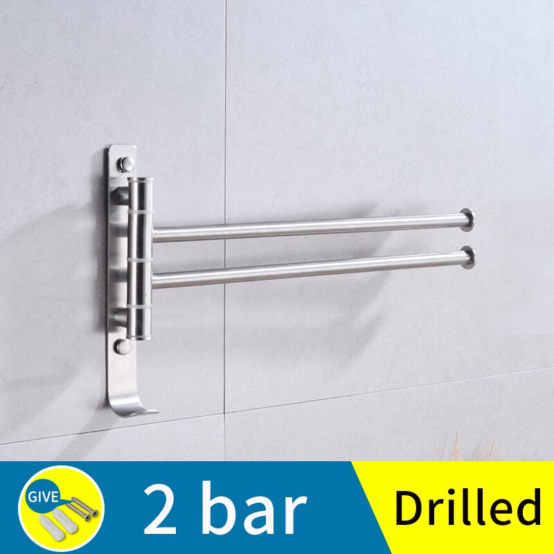 bathroom towel bar stainless steel hanging holder wall mounted glue paste rotating double towel holder rail hanger with hook: B-2bar(drilled)