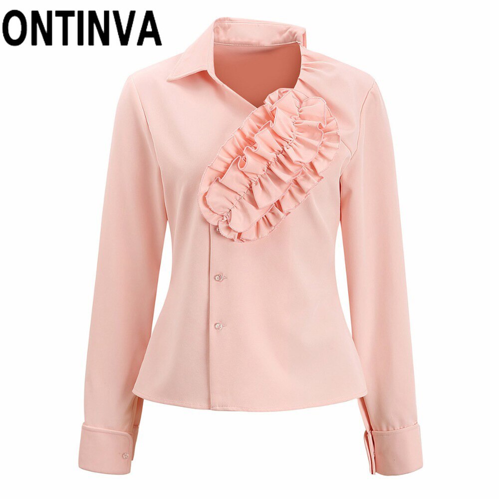 Liquidación señoras Color rosa Blusas con volantes camisa Irregular Ropa de Trabajo abotonada manga larga Mujer Blusas