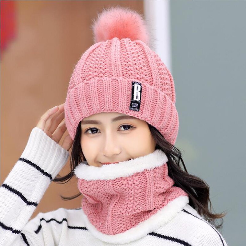 Winter gebreide mutsen dames dikke warme muts skullies muts dames gebreide letter muts mutsen outdoor muts en sjaal: Roze 1