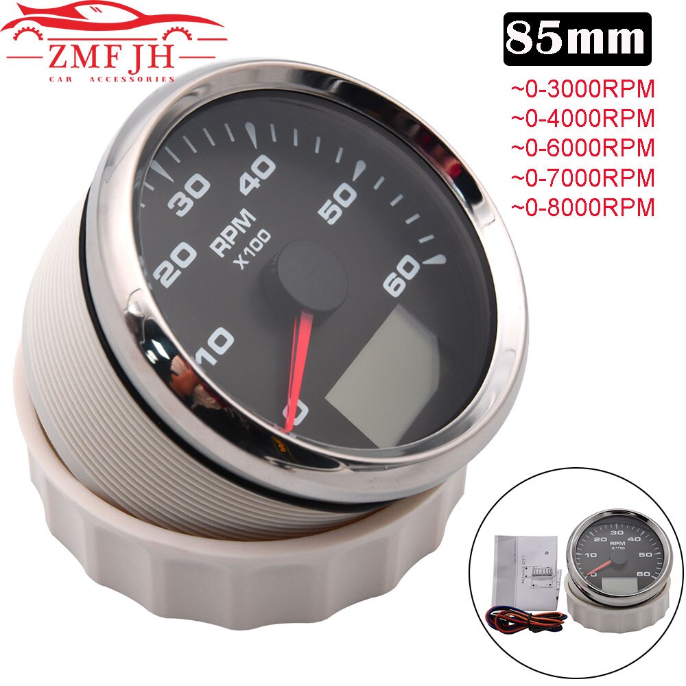 Universal 85mm rpm omdrejningstæller måler 0-3000 rpm /0-4000 rpm /0-6000 rpm /0-8000 rpm marine lcd omdrejningsmålere med trip timetællere