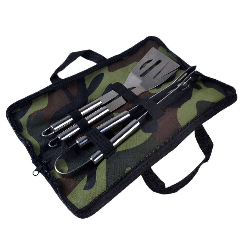 3 Pcs Premium Stainless Steel Perfect Outdoor Barbecue Grill Utensils Set Includes Spatula Tongs & Fork with Camouflage Cloth Ba