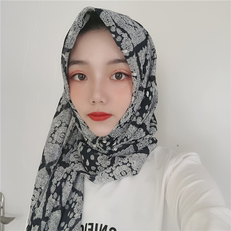 Muslim headscarf retro chiffon crepe scarf silver print long scarf Dubai headscarf hijab