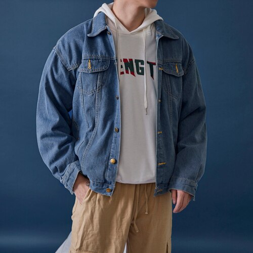 Jakker mænd denim cargo basic ensfarvet korte pullovere streetwear harajuku japansk afslappet outwear herre bombercoats løs: Blå  n98 / Xxxl