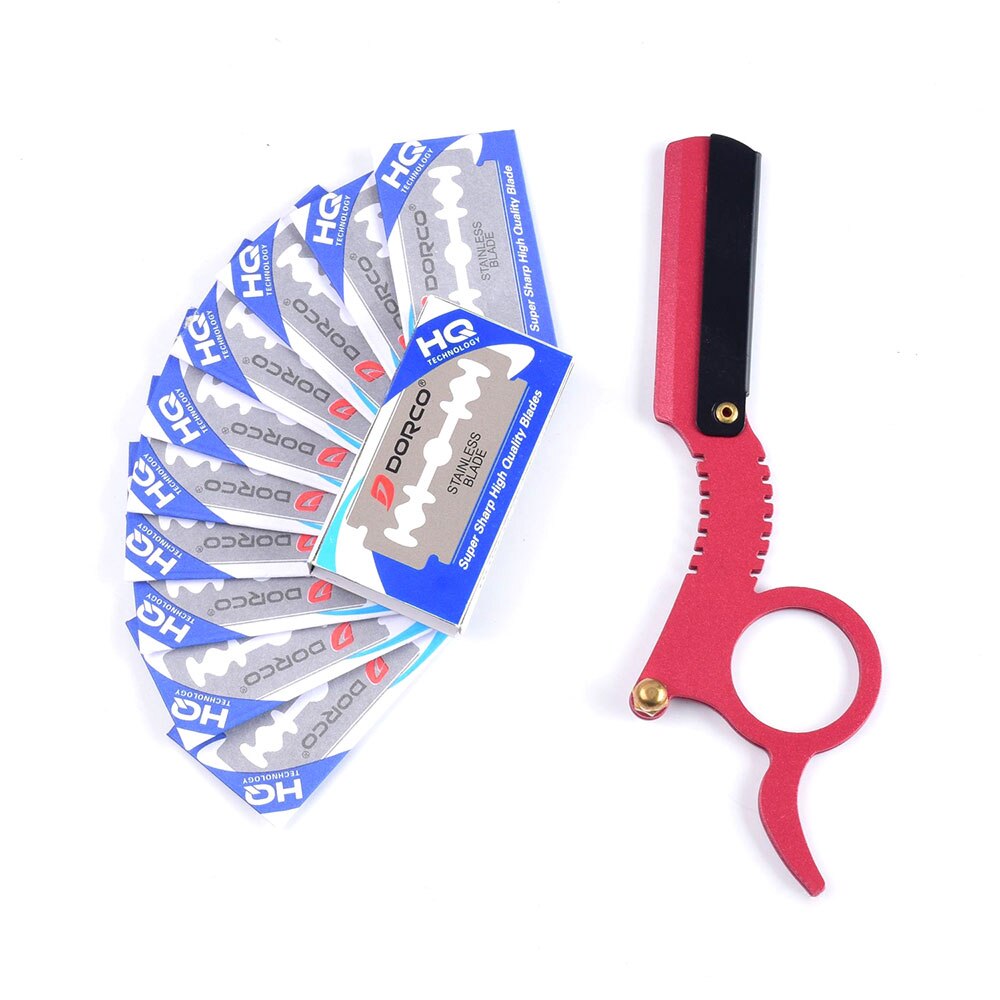 Multi-function Barber Beard Straight Edge Razor with 10 Knife Blades Eyebrow Trimming Blades Replaceable Beard Shaving Tools: Red