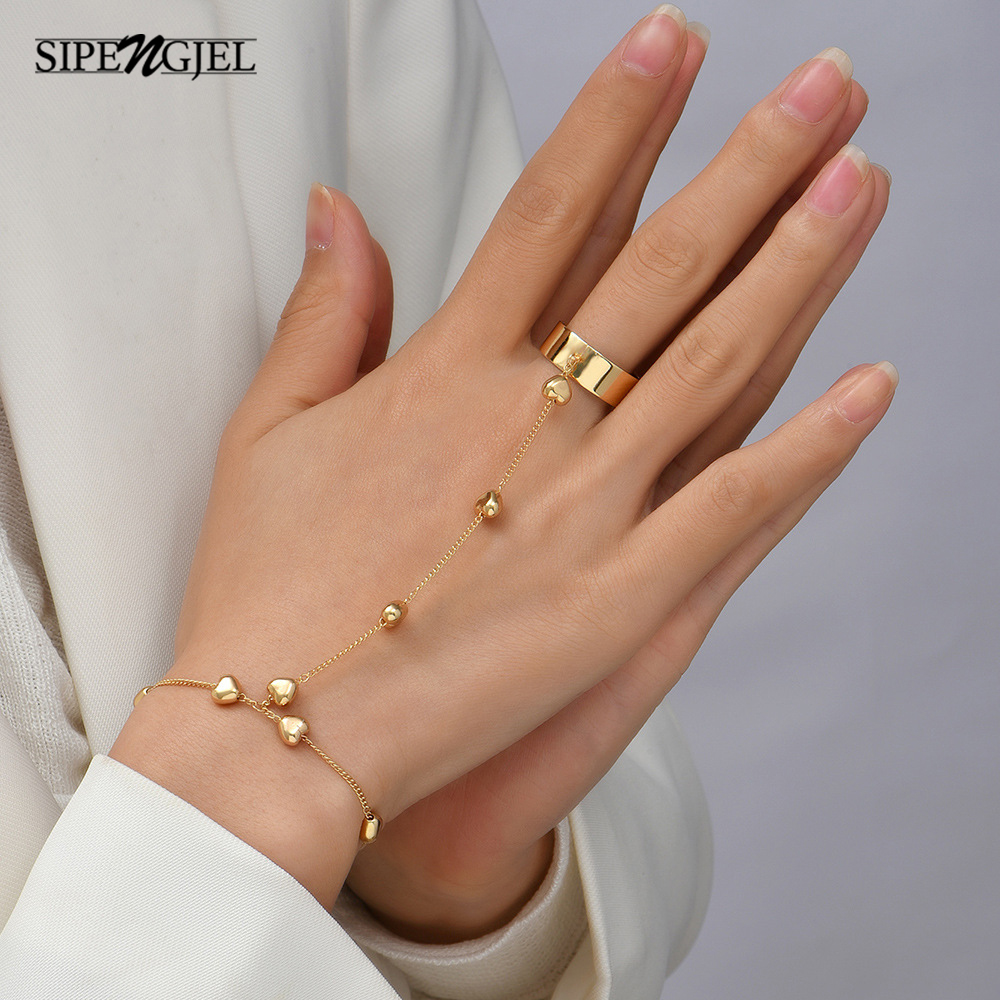 SIPENGJEL Link Verbunden Gold Metall Breite Finger Ring Armbänder Einfache Herz Anhänger Armband Für Frauen Harness Schmuck: Default Title