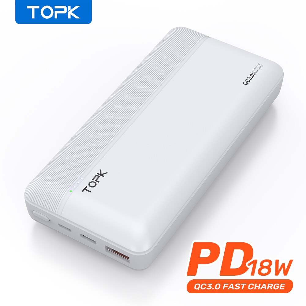 TOPK 18W PD Power Bank 20000mAh Fast Phone Charger LED Portable External Battery PowerBank for iPhone 12 Xiaomi: White