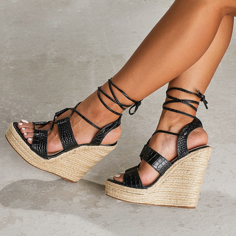 Leopard land dames sandalen met sleehak, plateau espadrilles met sleehak, bohemian sandalen met hoge hak cwf