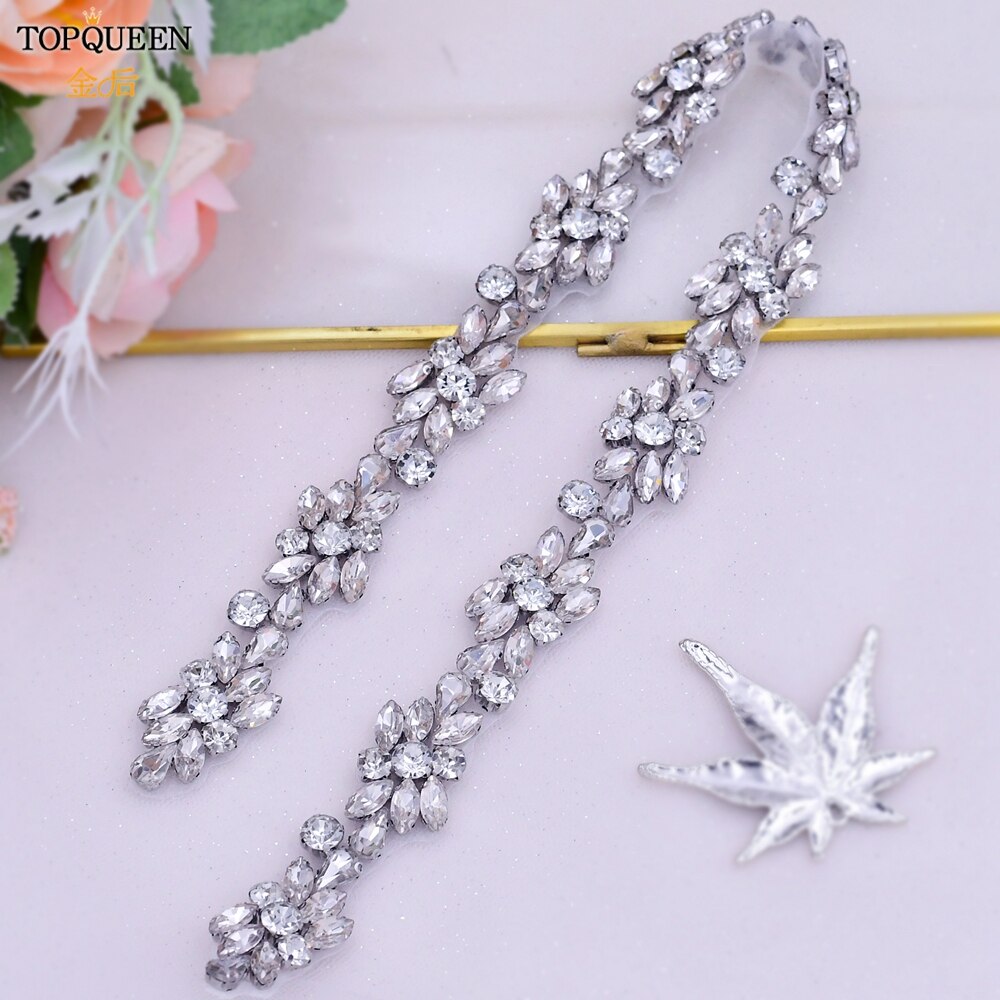 TOPQUEEN-Cinturón de lujo para novia, faja con apliques de diamantes de imitación para vestido de boda, cinturones de joyería, cinturón de Vestido plateado brillante, S437-S: Applique no ribbon