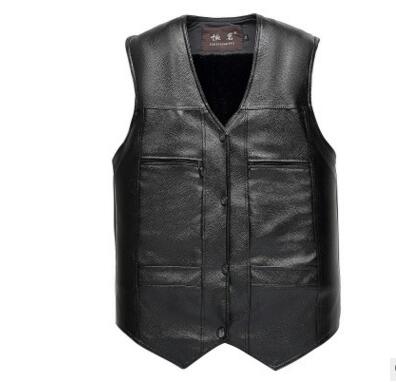 Merk grote maten zwart leren vest heren fleece gevoerde warme jassen mouwloze jas winter leren vest: Zwarte fluwelen stijl / Xxxl