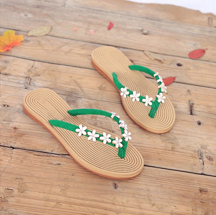 Sandalias planas de flores pequeñas a la de Verano , zapatillas frescas para mujer, zapatos de playa para mujer, zapatillas, chanclas, zapatos 35-40: Verde / 8