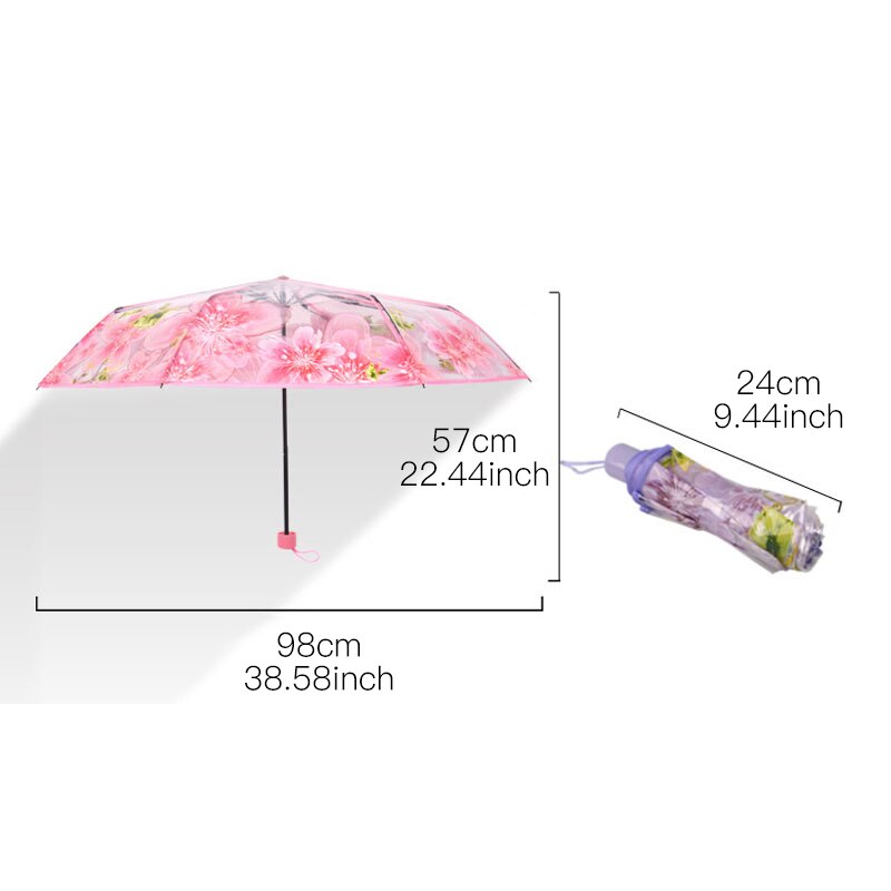 Yesello Transparent Clear Folding Umbrella Peach Blossom Women Rain Umbrella