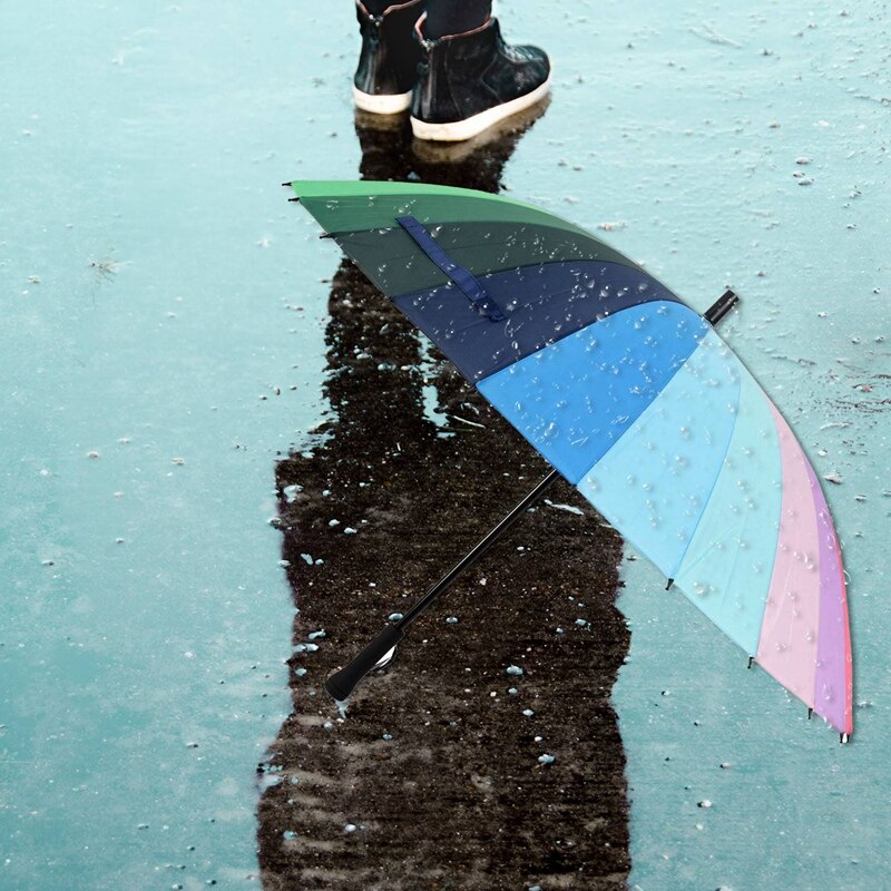 24k ribkleurige regenboog lange steel rechte anti-uv zon/regen stok paraplu handmatige grote parasol
