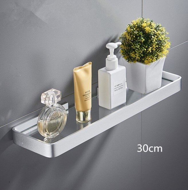 Badeværelseshylde bad bruser hylde søm fri glas hylde satin badeværelse hjørne hylde 25-50cm aluminium køkken opbevaring holder: 30cm hvide