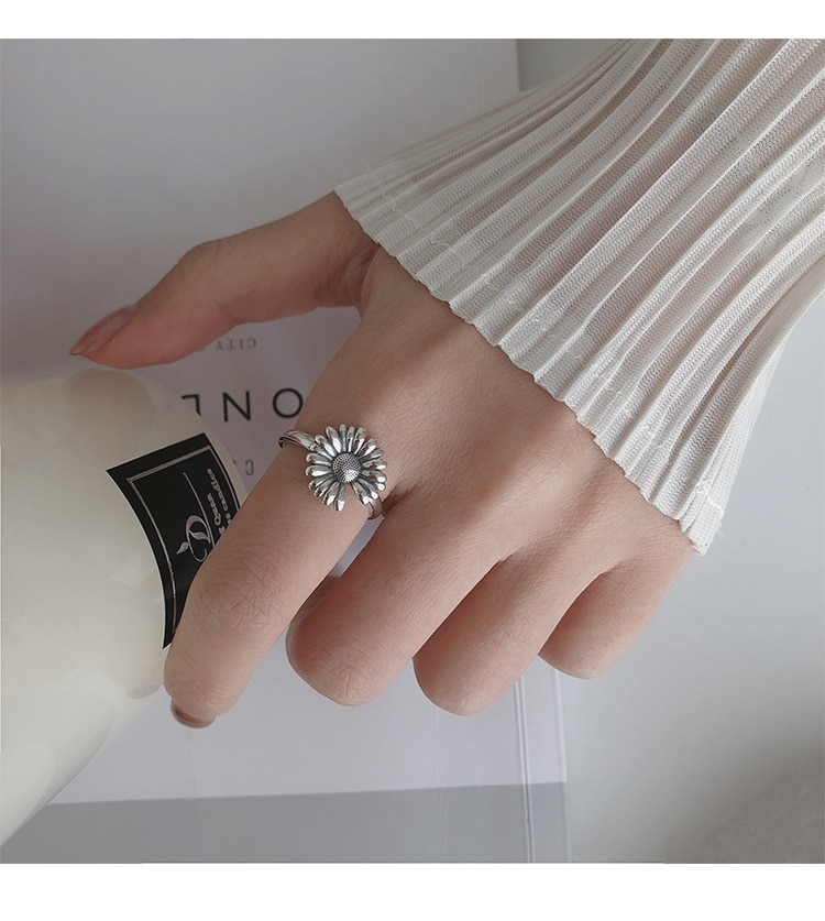 Vintage Retro 925 Sterling Silver Adjustable Flower Rings For Women Female Punk Jewelry