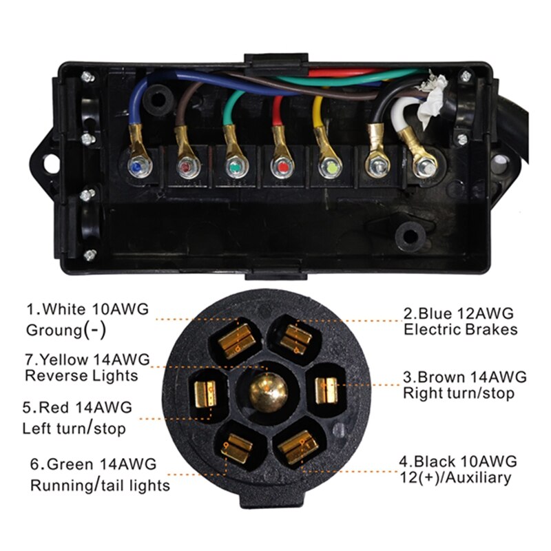 Heavy Duty 7 Way Plug Inline Trailer Cord With 7 Gang Junction Box - 8 Feet,Weatherproof