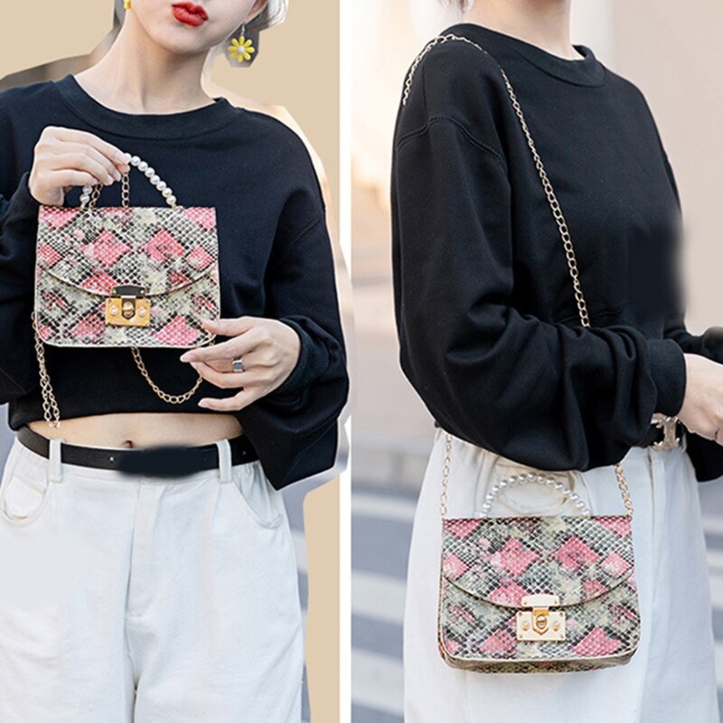 Pu-leder-schultertaschen für damen, schlangenleder-mini-geldbörse, retro-quadrattasche, ketten-umhängetasche, handtaschen mit perlengriff