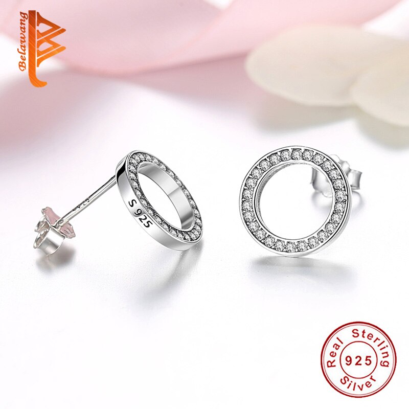 Belawang para sempre claro cz brincos de cristal 925 prata esterlina círculo redondo brincos do parafuso prisioneiro jóias casamento oorbellen bijoux