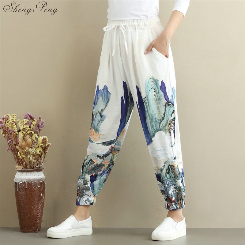 Pantalones chinos tradicionales de kung fu para mujer, ropa de lino para mujer, cintura elástica, cómoda, pierna ancha sólida V932