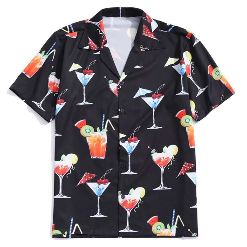 Men Summer Lapel Cartoon Drink Print Short Sleeve Hawaiian Casual Shirt2019 latest men's short sleeve TShirts