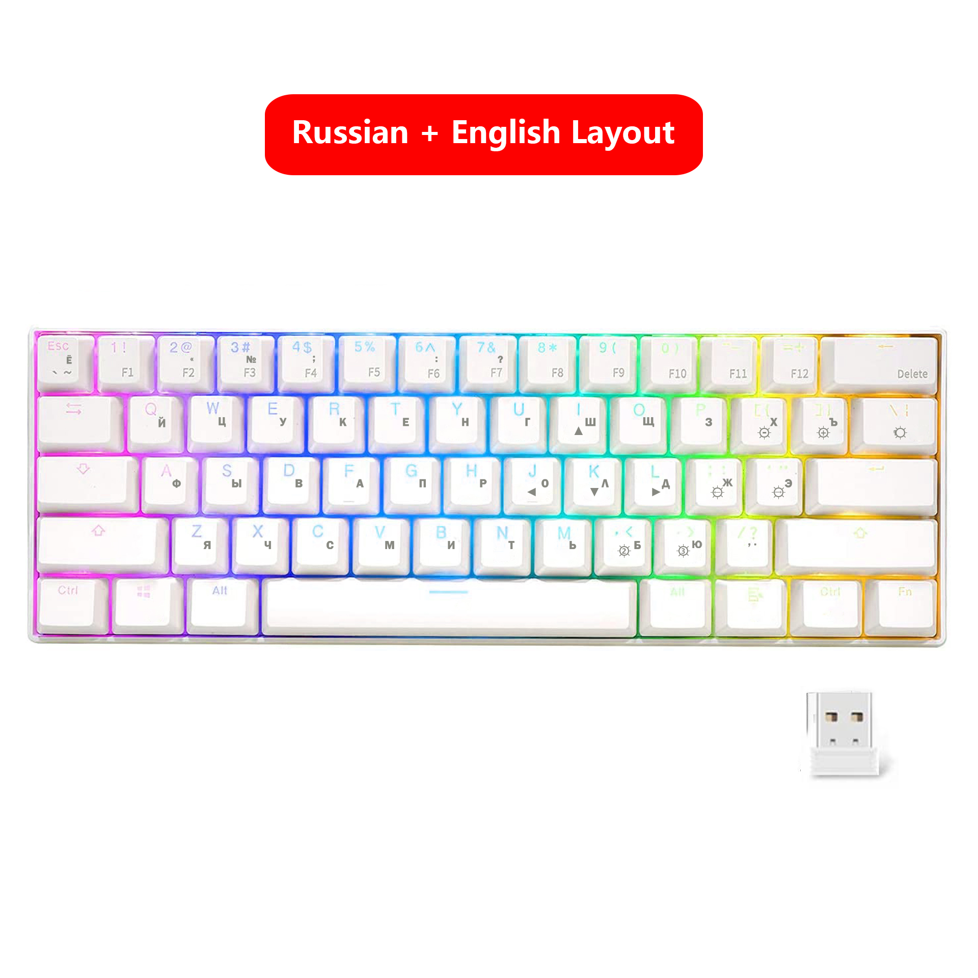 RedThunder Rechargeable Wireless 60% Mechanical Keyboard, True RGB Backlit, 61 Keys Compact Layout Keyboard for Laptop PC Mac: Wireless White RU / Red Switch