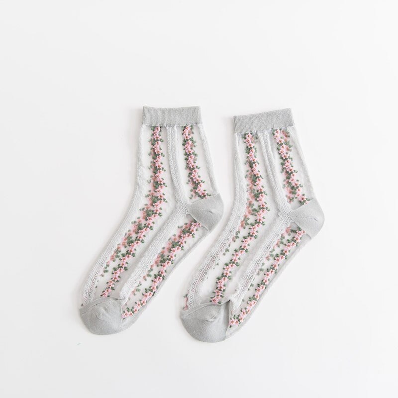 Damstrumpor blommiga strumpor för kvinnliga broderier genomskinliga tjejer svart patchwork sox fräsch färg damstrumpor: Grå