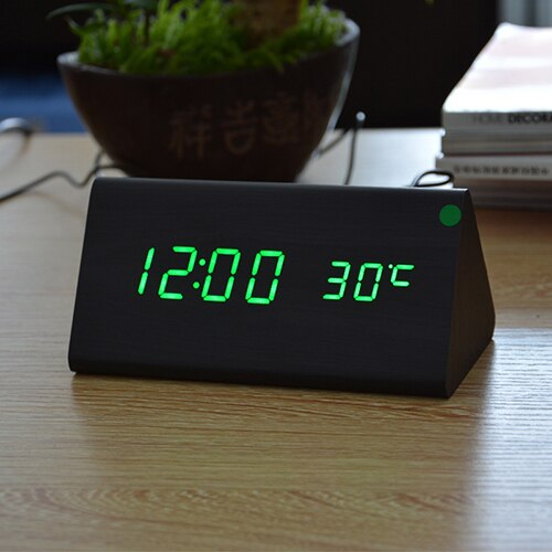 FiBiSonic Holz Digital LED Wecker Klang Kontrolle Holz Wecker LED Tisch Uhr Temperatur Kalender Uhr: Schwarz Grün