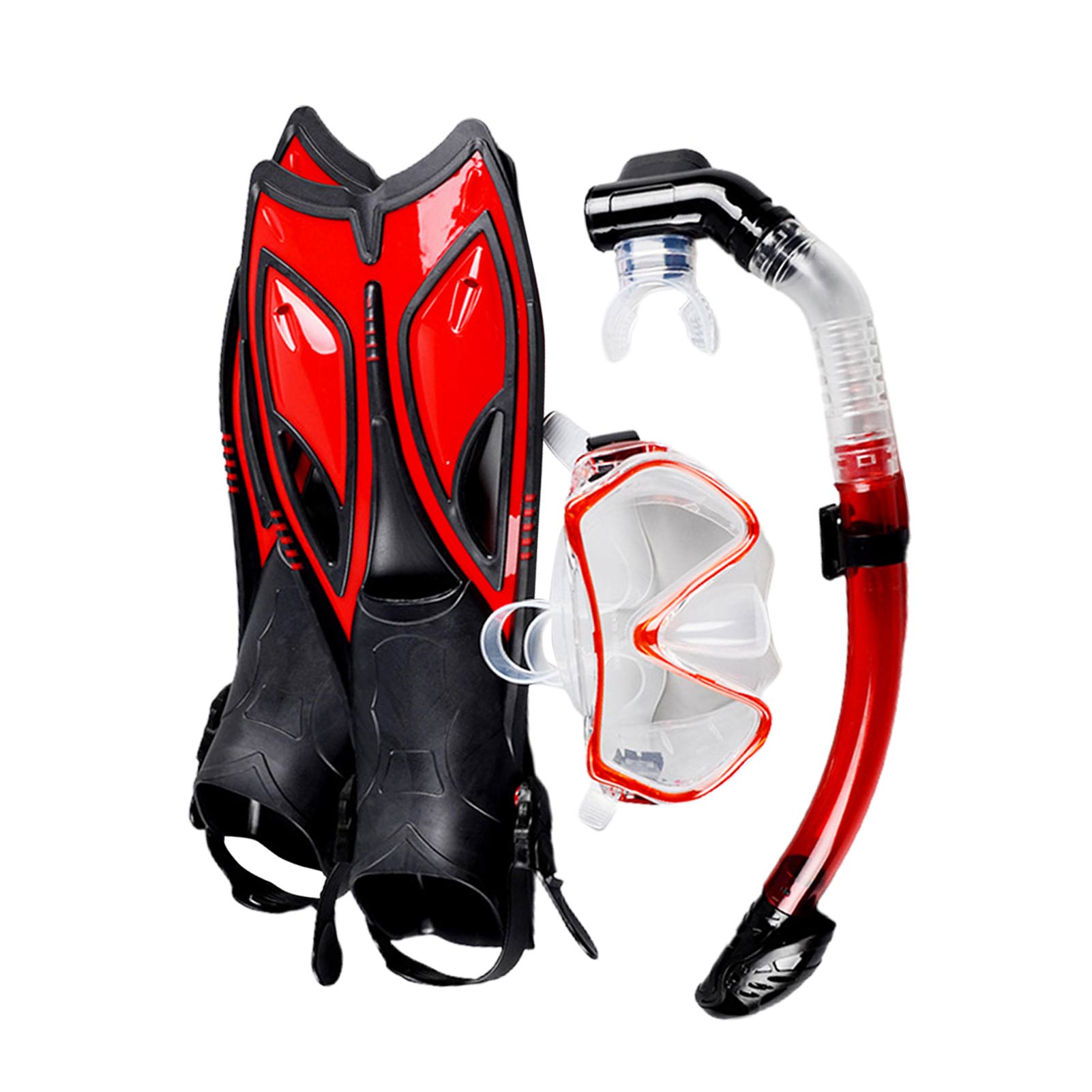 Large Frame Tempered Glass Snorkeling Face Gear Suit Adult Anti-fog Leak-proof Diving Goggles Full Dry Snorkel Flippers Set: Red S