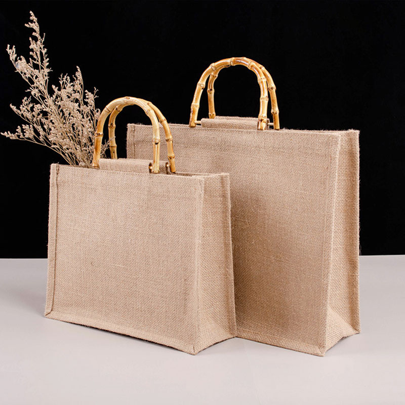 Draagbare Jute Boodschappentas Waterdichte Jute Handtas Met Bamboe Lus Handgrepen Tote Hoge Capaciteit Unisex Vintage Boodschappentassen