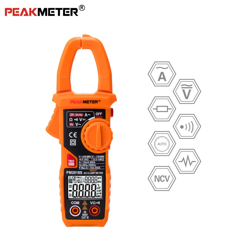 Peakmeter  pm2018s bærbar smart ac digital klemme meter multimeter ac strøm spændingsmodstand kontinuitet måling tester