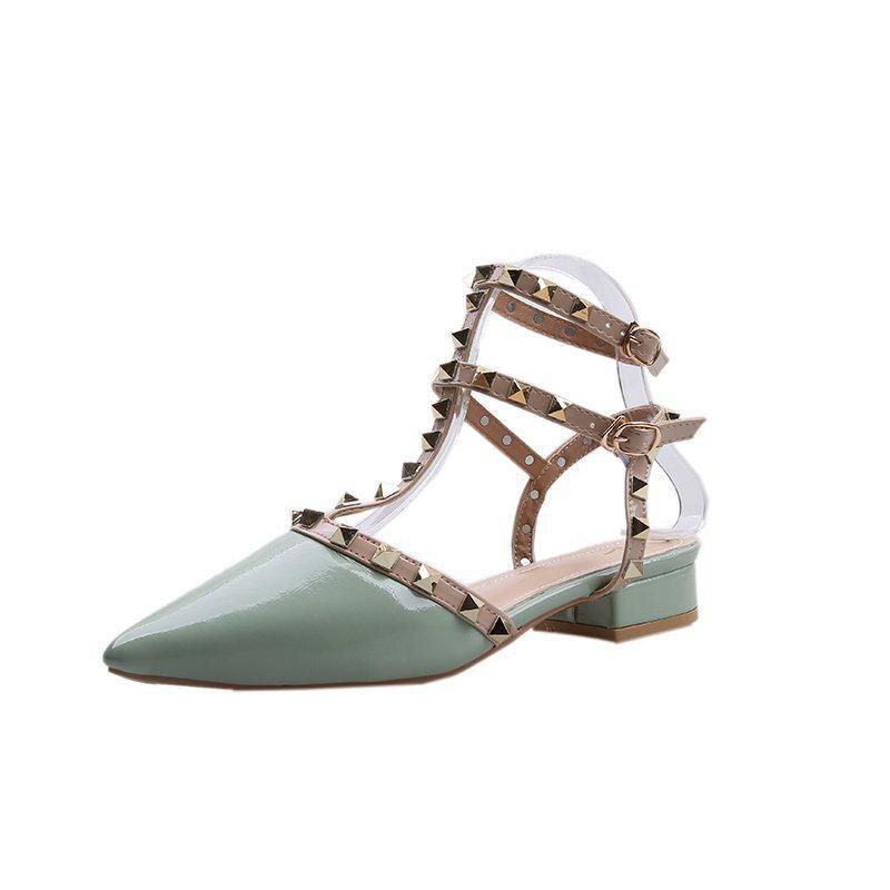 Summer Women Sandals T Strap Rivets Sandal Patent Leather Dress Shoes White Wedding Shoes Flat Sandal: Green / 38