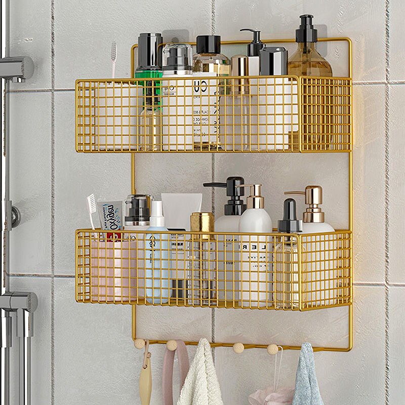 Bathroom Storage Racks Iron Metal Toilet rack washstand free punching wall hanging wall storage rack light luxury basket Gold