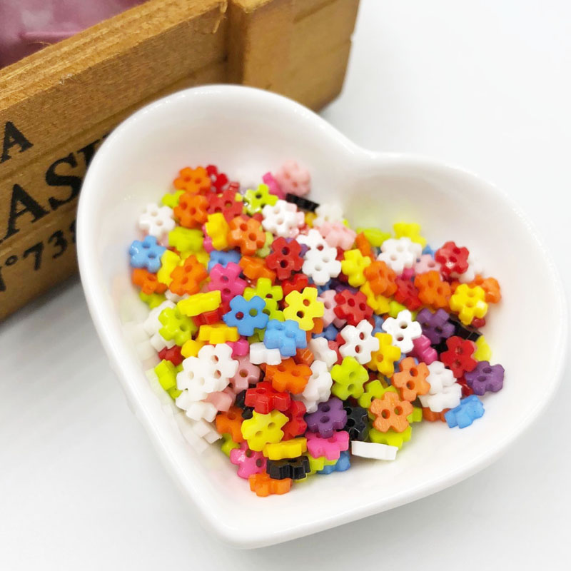 100PCS 6mm Plastic Heart Round Star Flower Square Mixed Mini Buttons Sewing 2 Holes Tiny Doll Clothes Button For Scrapbook PH209