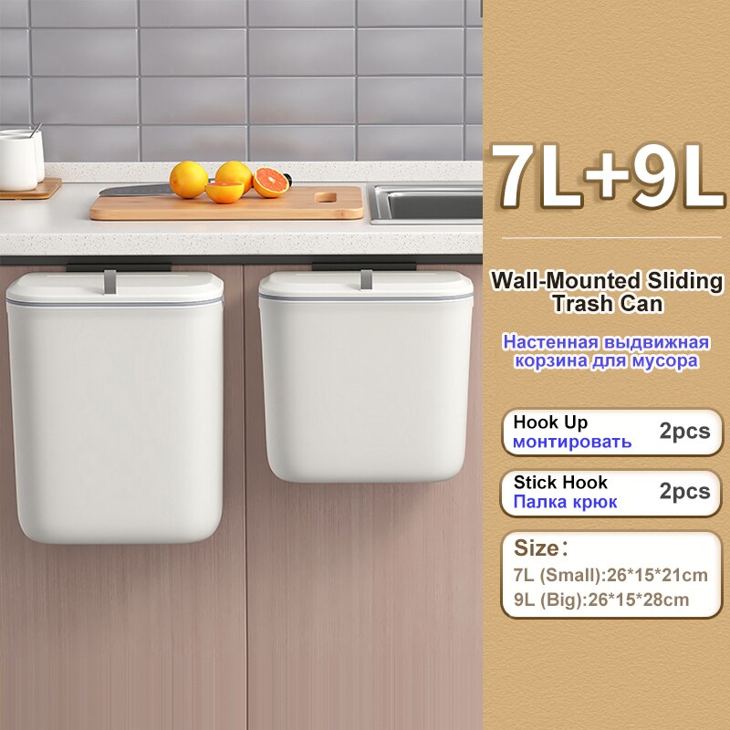 Trash Can Kitchens Cabinet Door with Lid Kitchen Trashs Bin Garbage Bins Wall Mounted Hanging Trash Bin Counter Garbage Bins: white 7L and 9L