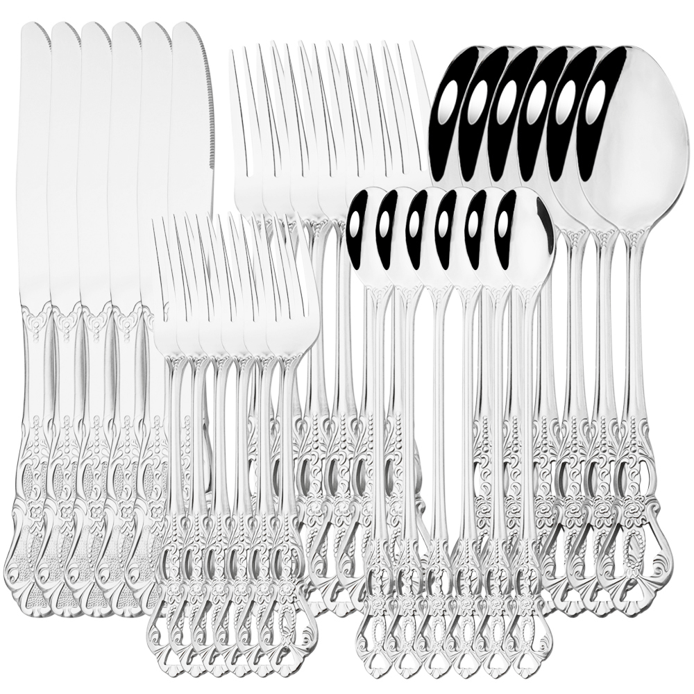 Drmfiy 6/30Pcs Silver Dinnerware Set Knife Dessert Fork Spoon Flatware Stainless Steel Cutlery Kitchen Silverware Tableware Set: 30Pcs Silver