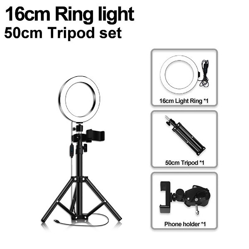 Led ringlamp 16 cm 5600k selfie ringlamp met 50 cm statief telefoonhouder usb-stekker fotografieverlichting