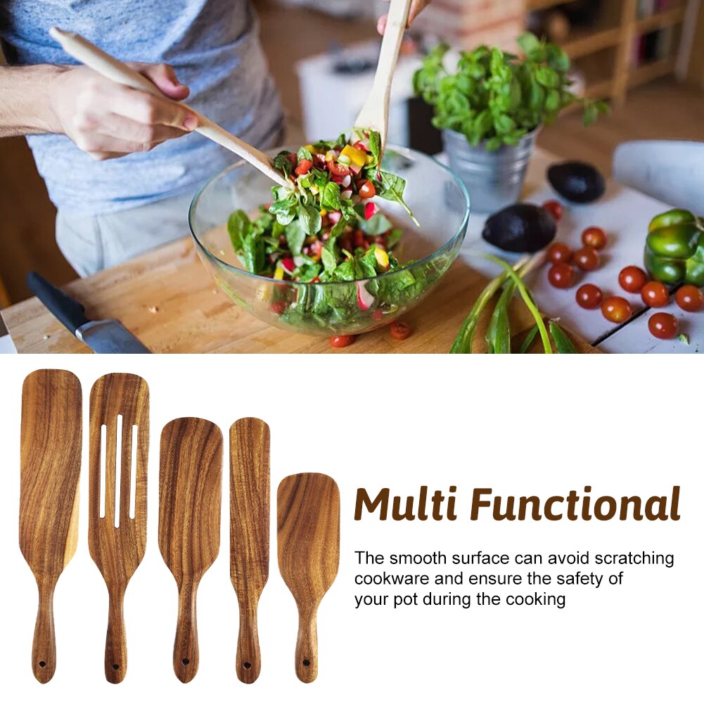 5pcs Tool Serving Slotted Turner Wooden Spurtle Set Mixing Home Restaurant Stirring Non Stick Spatula Kitchen Cooking Utensil